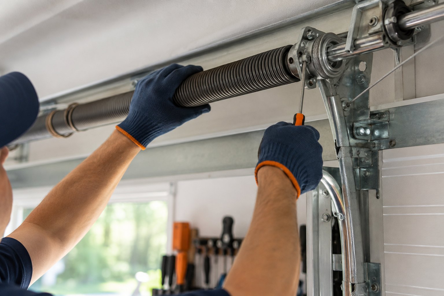 Technician inspecting a residential garage door spring and cable
